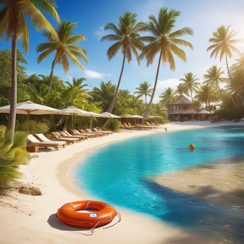 A picturesque vacation landscape featuring a luxurious resort with a sunny beach and happy guests enjoying their stay. Overlay images of various insurance icons like a shield, lifebuoy, and umbrella subtly integrated into the scenery, symbolizing protection and security for hospitality ventures. The scene should evoke a sense of tranquility and safety, capturing the essence of vacation calmness. bright colors. super-realistic. lively atmosphere.