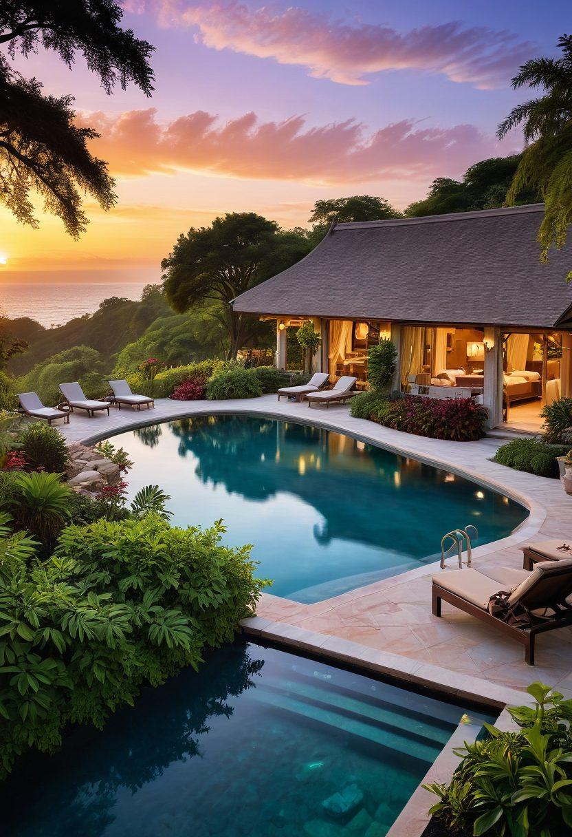 A serene resort scene showcasing a luxurious Auberge hotel surrounded by lush greenery, with vacationers enjoying various amenities like a spa and pool. Depict visible insurance documents and a guardian angel symbol subtly integrated into the scene to represent protection. Include a warm, inviting sunset in the background to evoke a sense of security and tranquility. super-realistic. vibrant colors. warm tones.